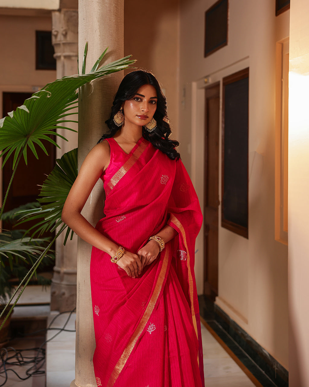 Fuchsia Pink Lotus Bird Silk Linen Saree
