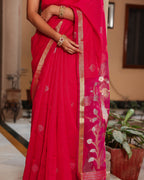 Fuchsia Pink Lotus Bird Silk Linen Saree