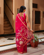 Fuchsia Pink Lotus Bird Silk Linen Saree