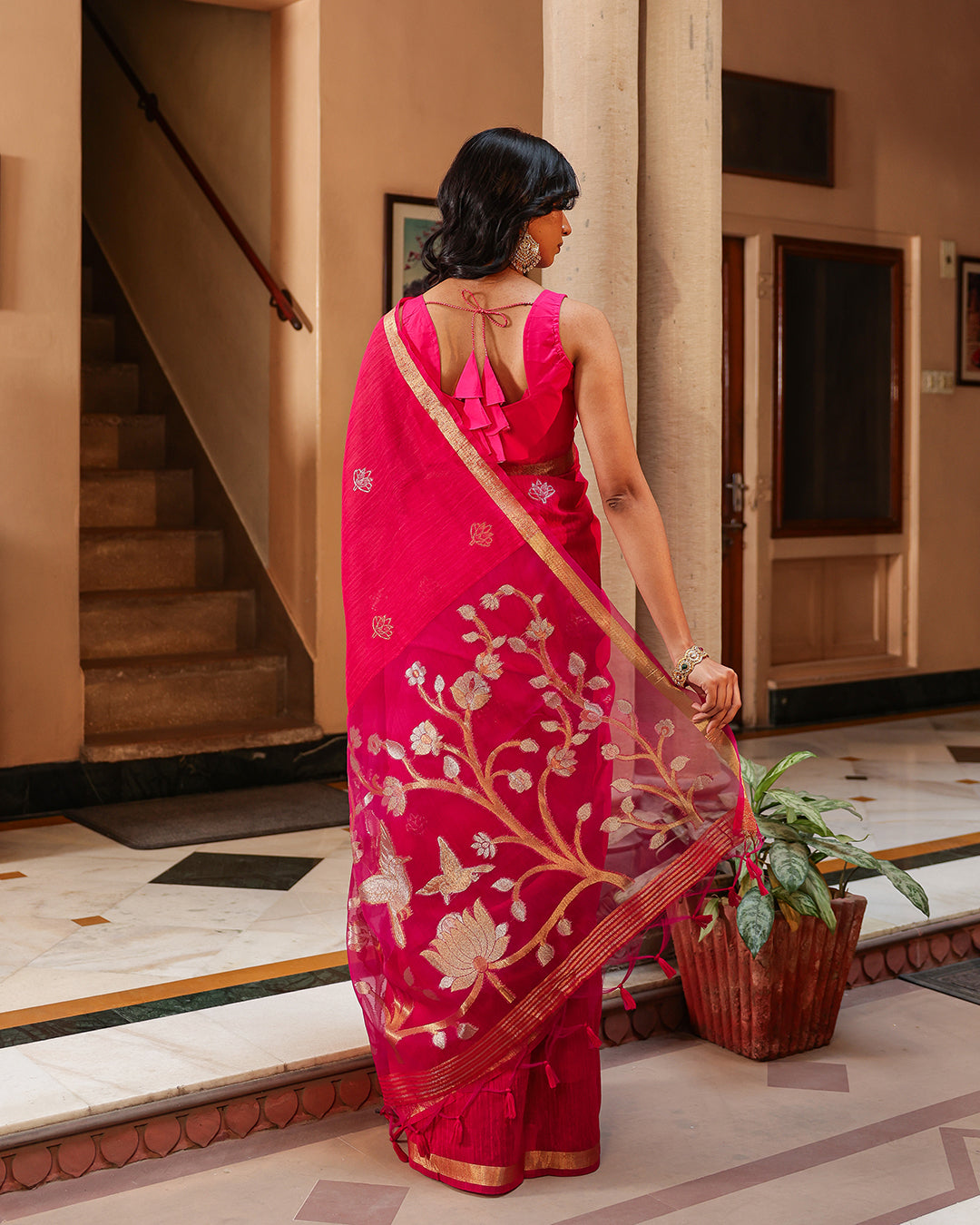 Fuchsia Pink Lotus Bird Silk Linen Saree