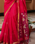 Fuchsia Pink Lotus Bird Silk Linen Saree