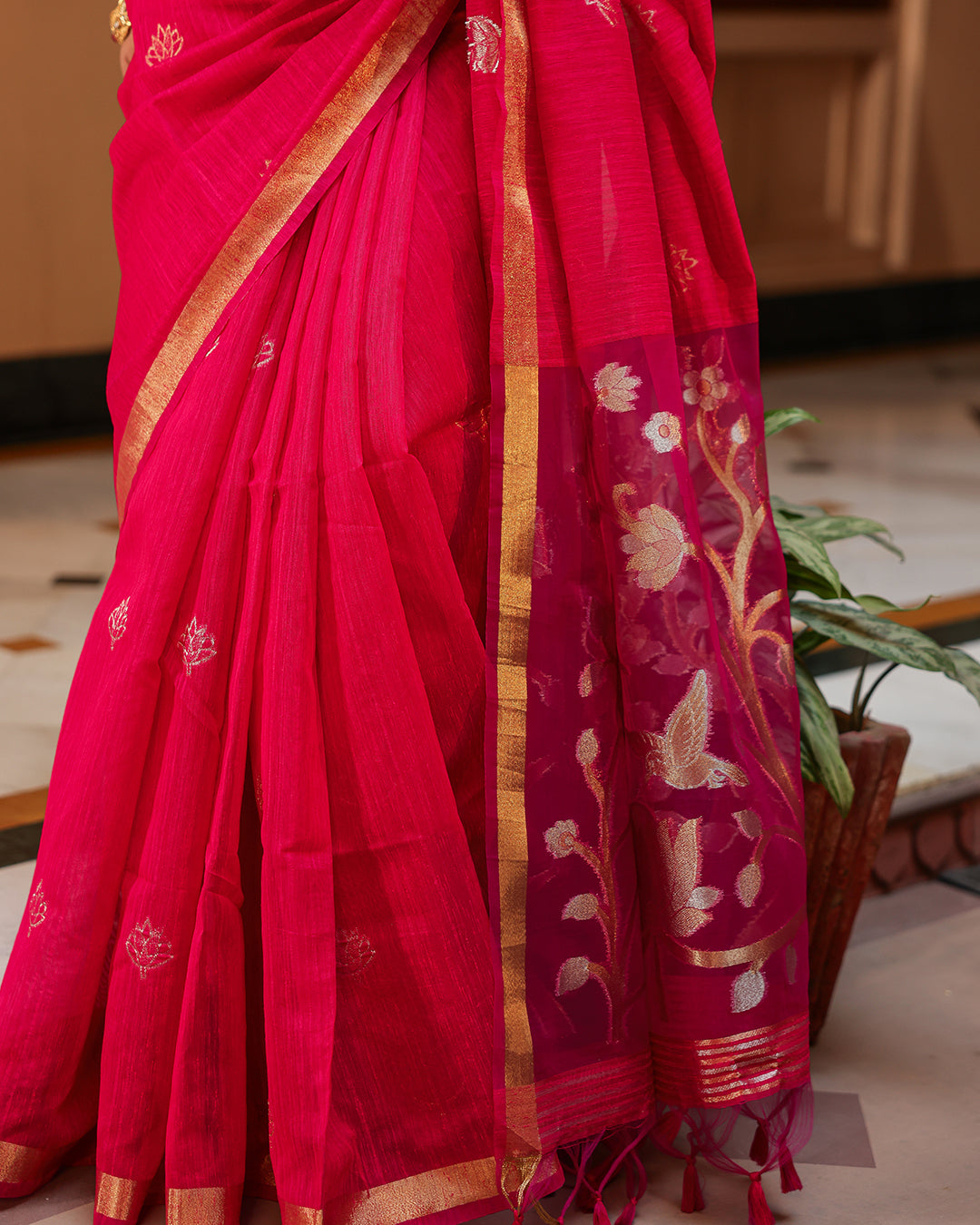 Fuchsia Pink Lotus Bird Silk Linen Saree