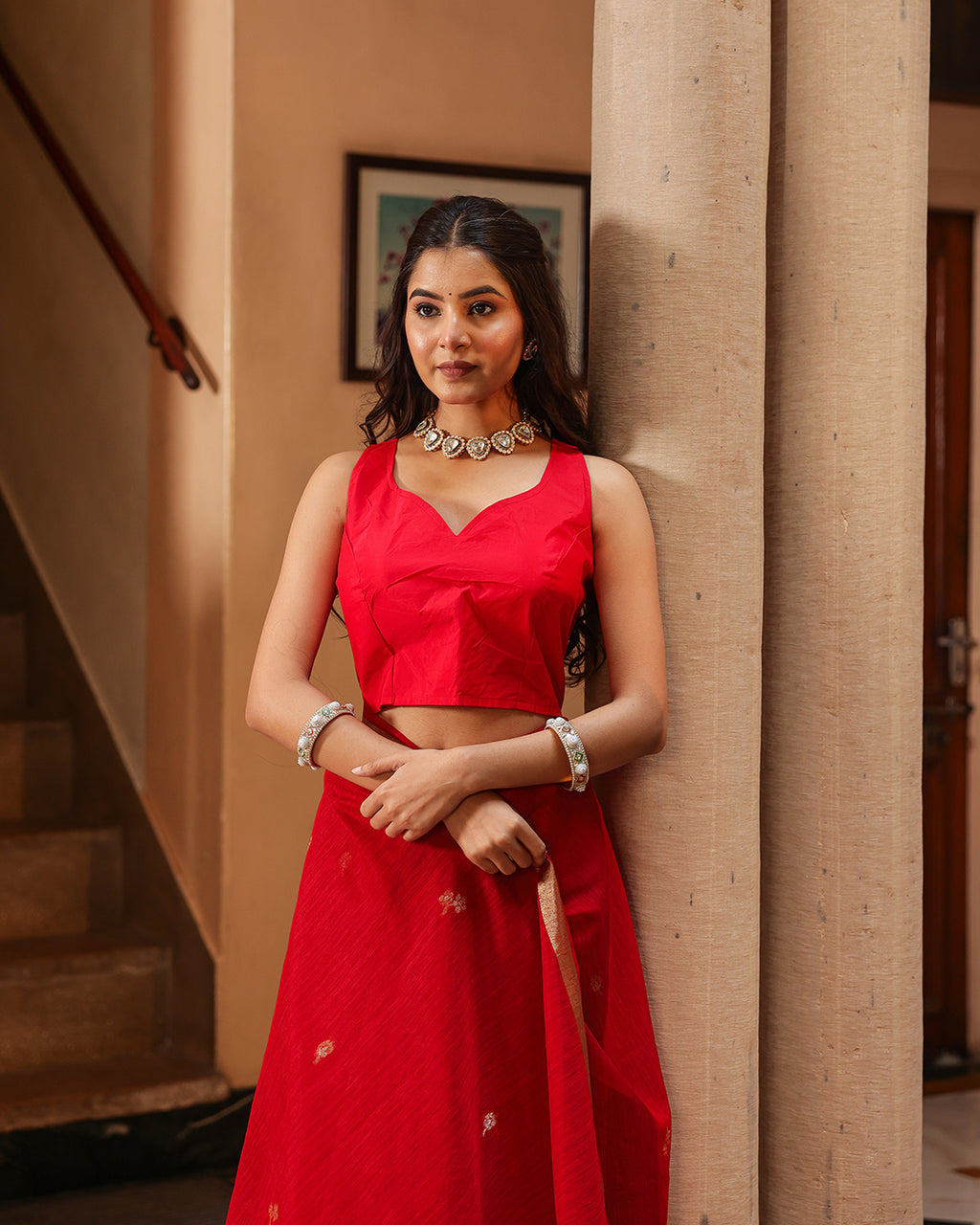 Red Swan Motif Silk Linen Saree