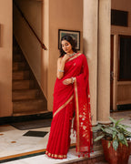 Red Swan Motif Silk Linen Saree