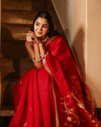 Red Swan Motif Silk Linen Saree