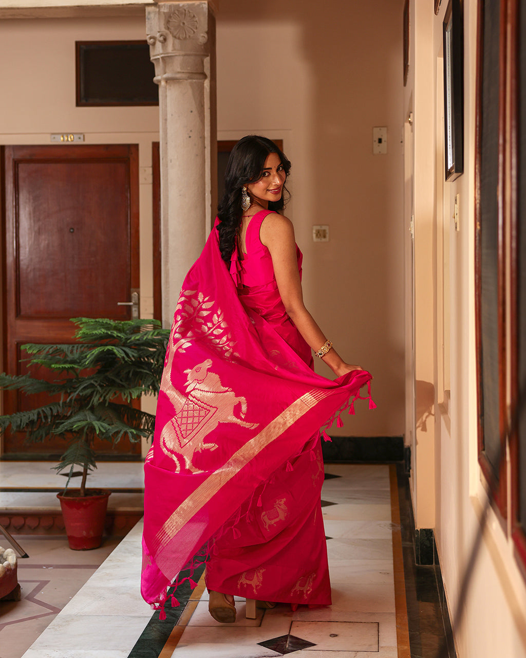 Dark Pink Pichwai Cotton Saree
