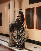 Black Swan Motif Silk Linen Saree