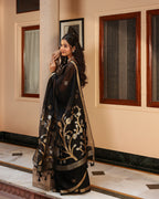 Black Swan Motif Silk Linen Saree