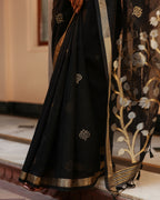 Black Swan Motif Silk Linen Saree