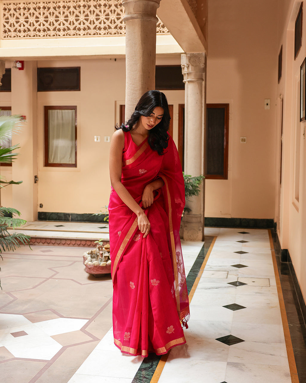 Magenta Pink Silk Linen Saree