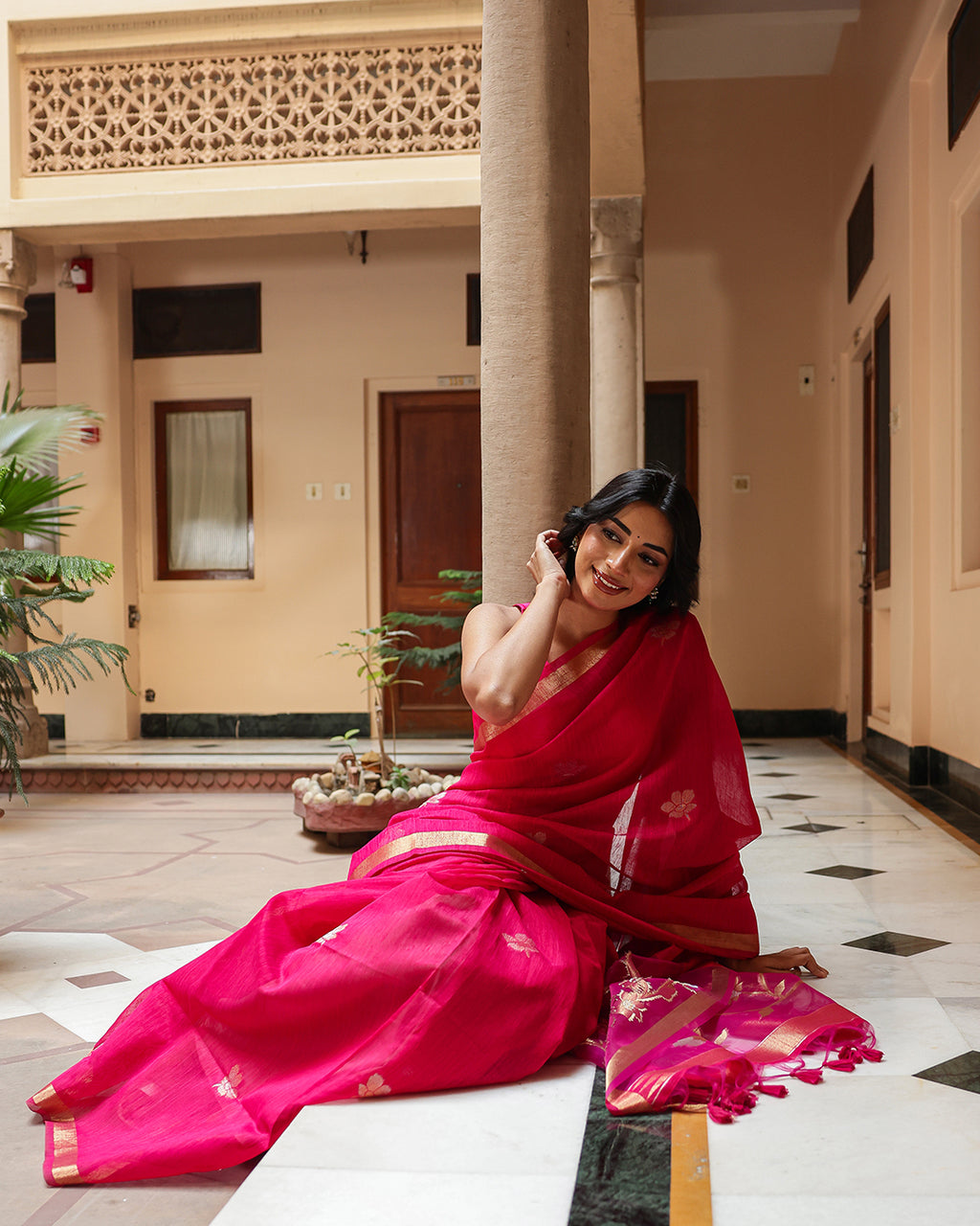 Magenta Pink Silk Linen Saree