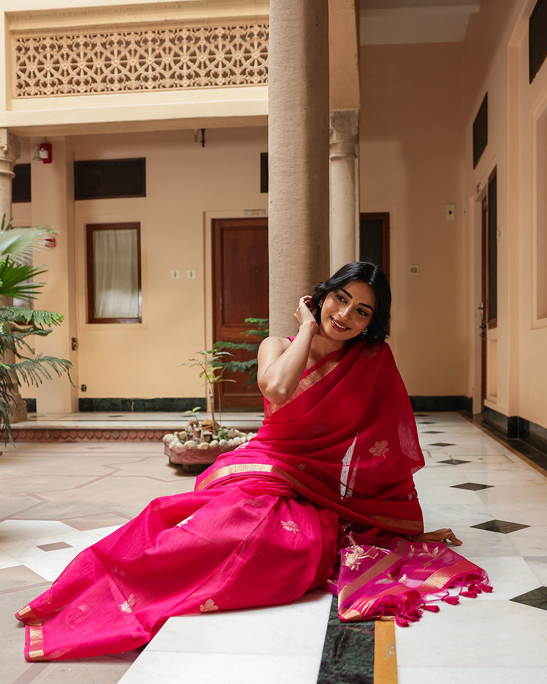 Magenta Pink Silk Linen Saree