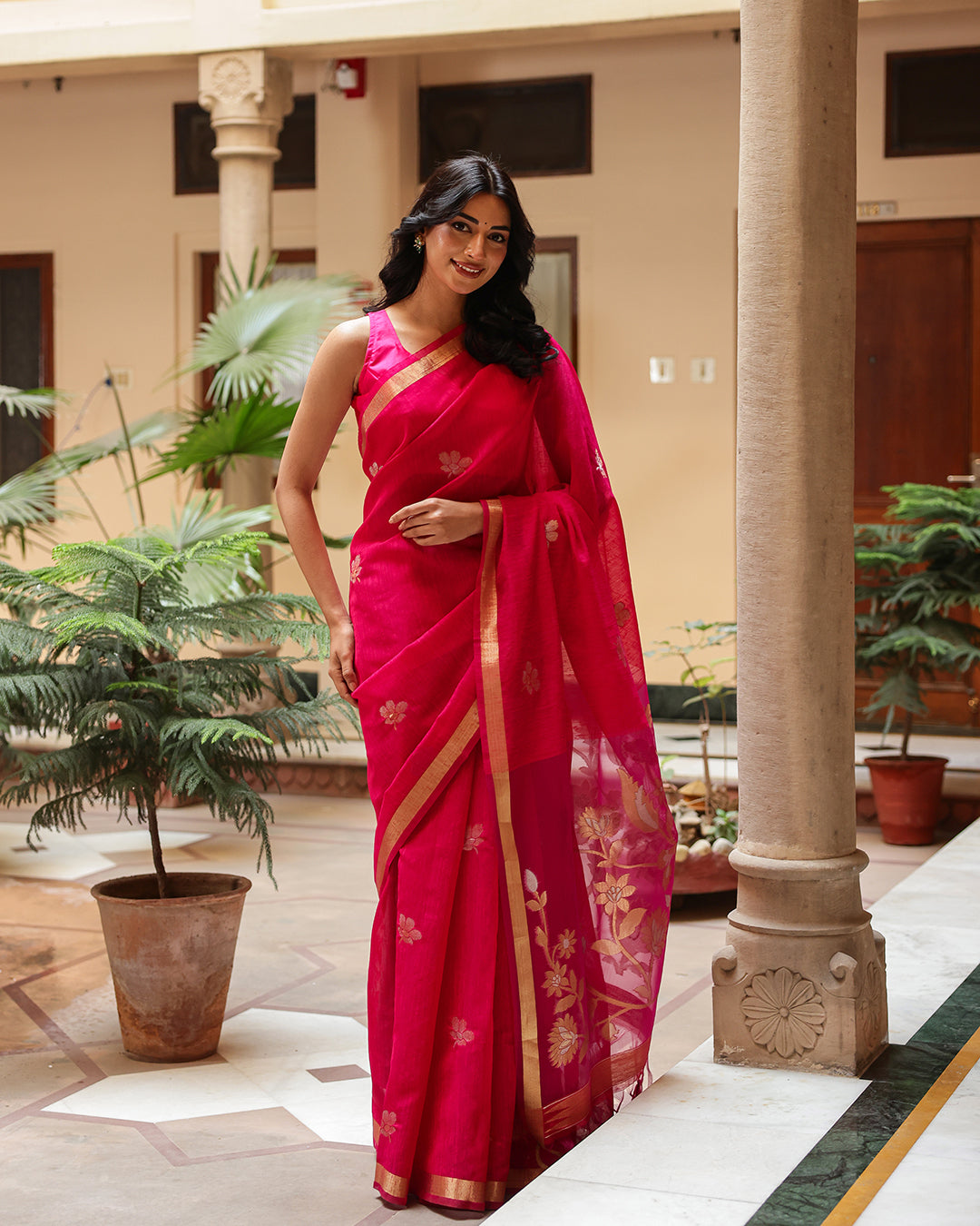 Magenta Pink Silk Linen Saree