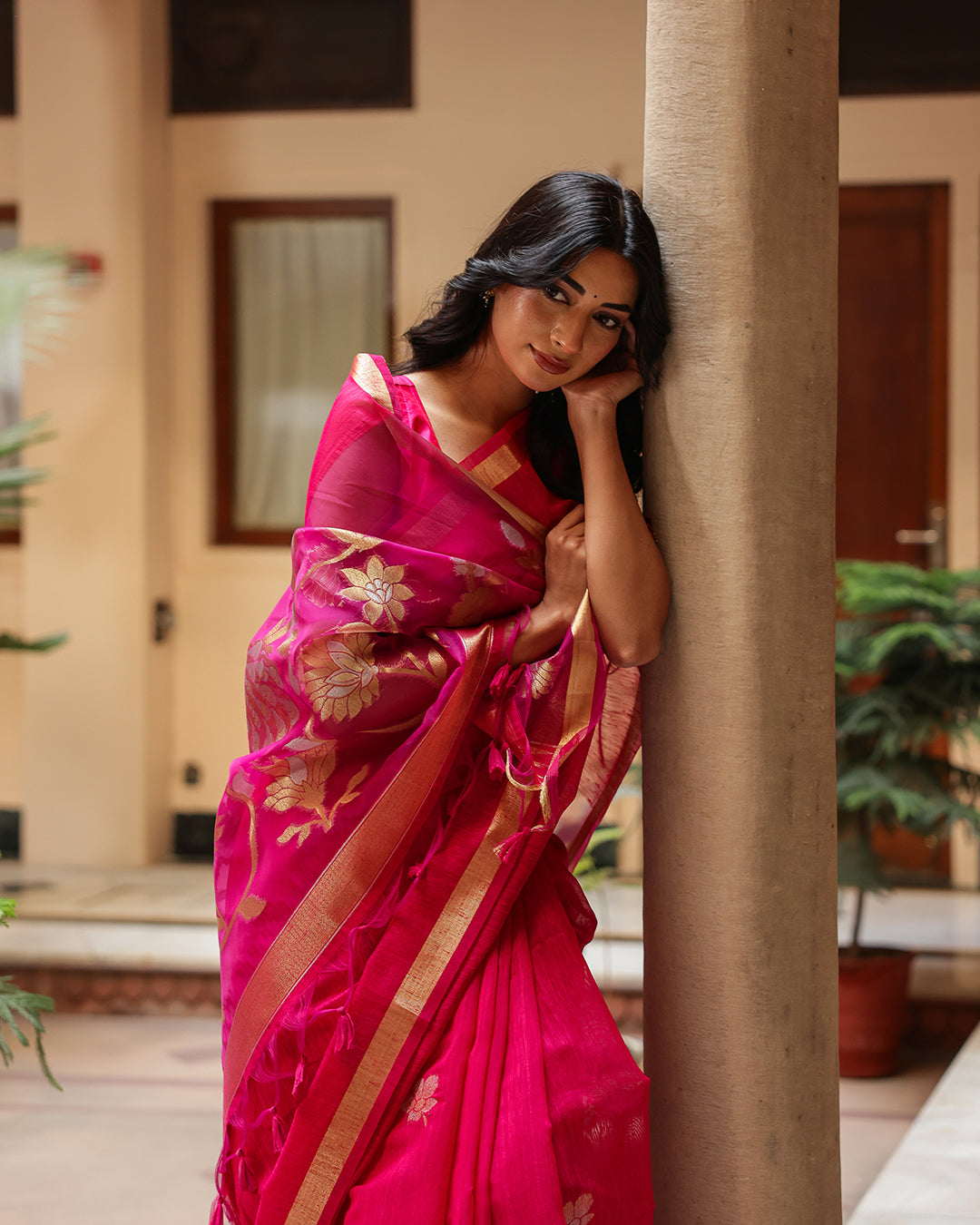 Magenta Pink Silk Linen Saree