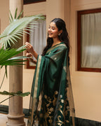 Deep Green Swan Motif Silk Linen Saree