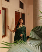 Deep Green Swan Motif Silk Linen Saree