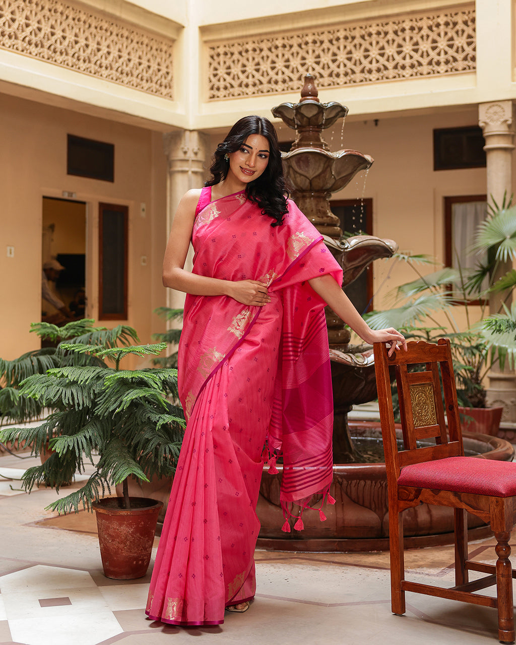 Pink Cotton Golden Border Saree