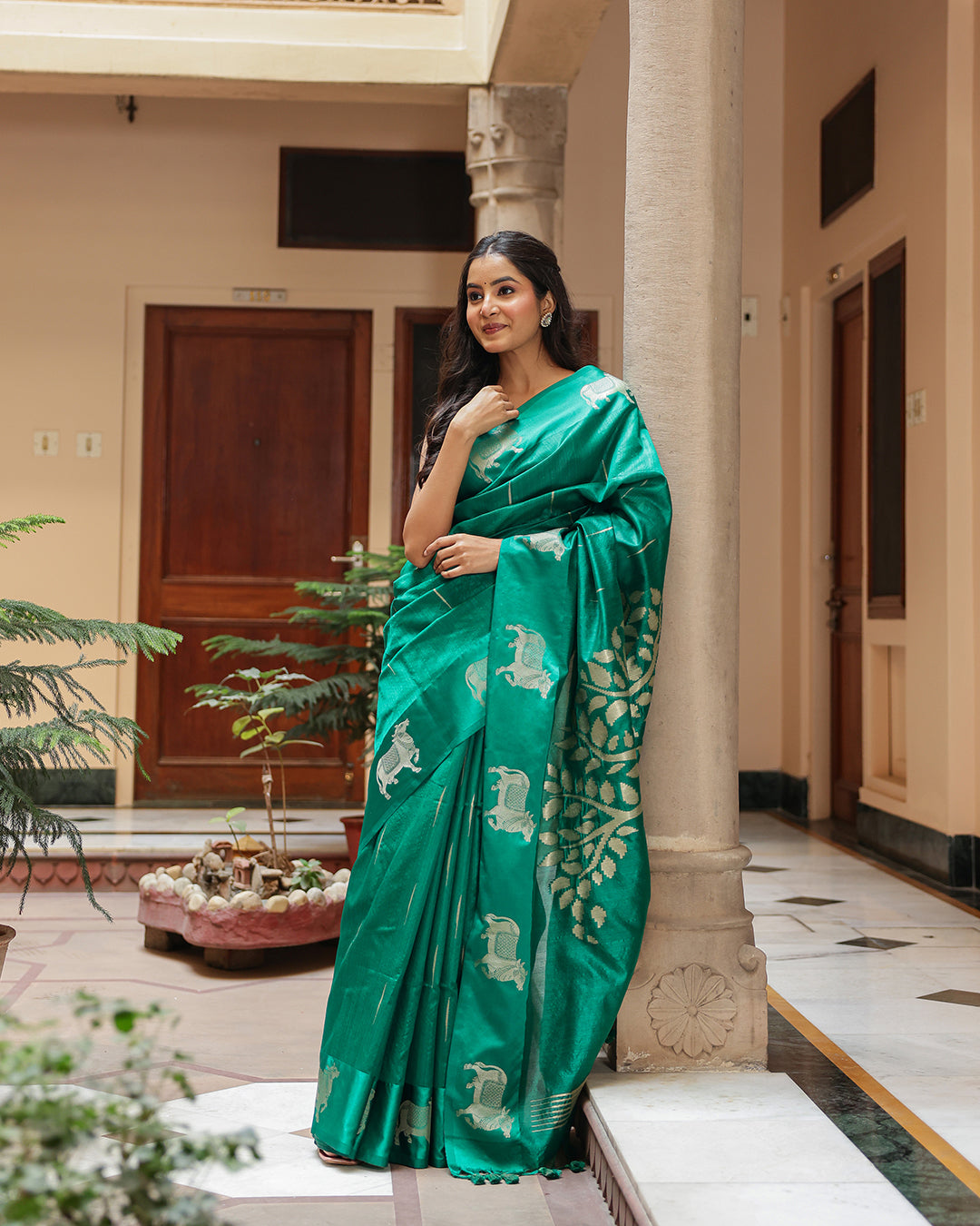 Teal Green Pichwai Cotton Saree