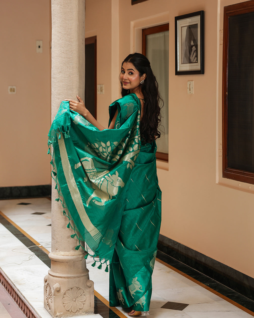 Teal Green Pichwai Cotton Saree