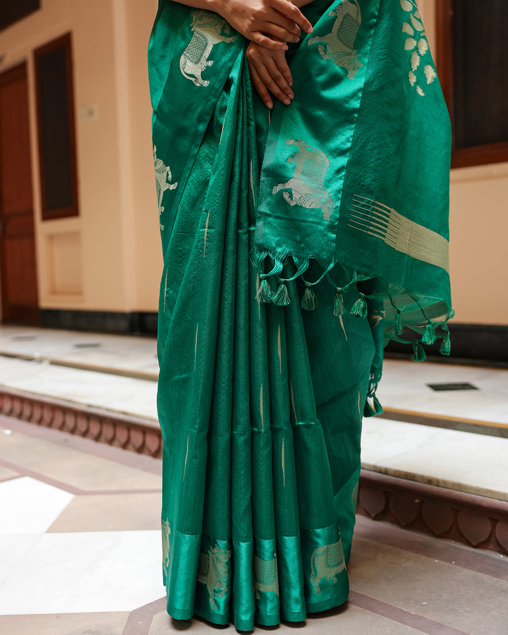Teal Green Pichwai Cotton Saree