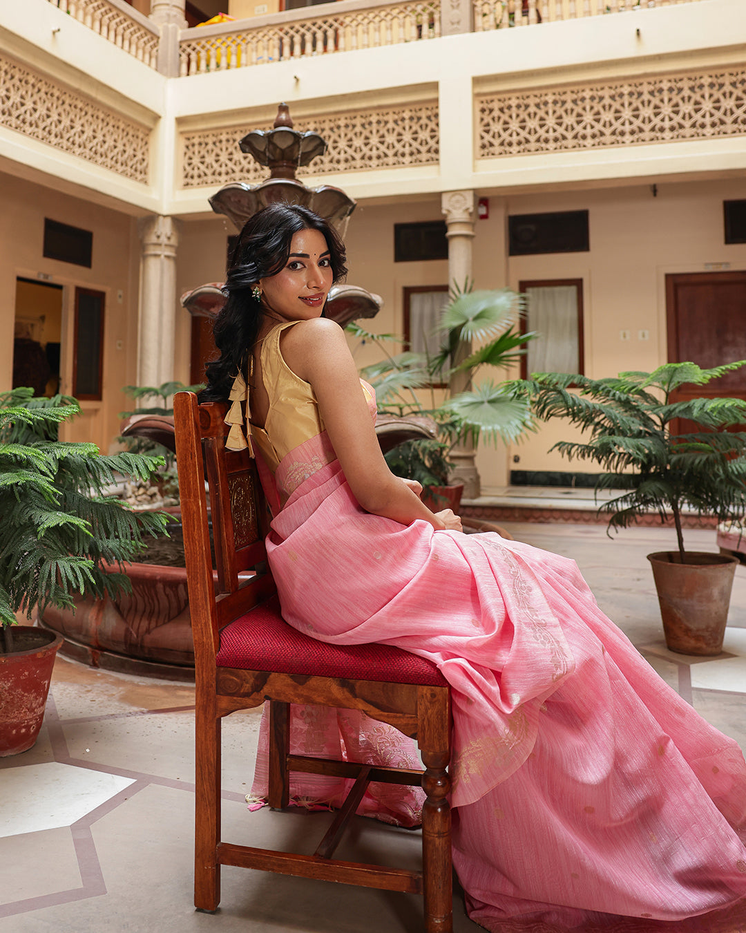 Rose Pink Silk Linen Saree with Zari Border