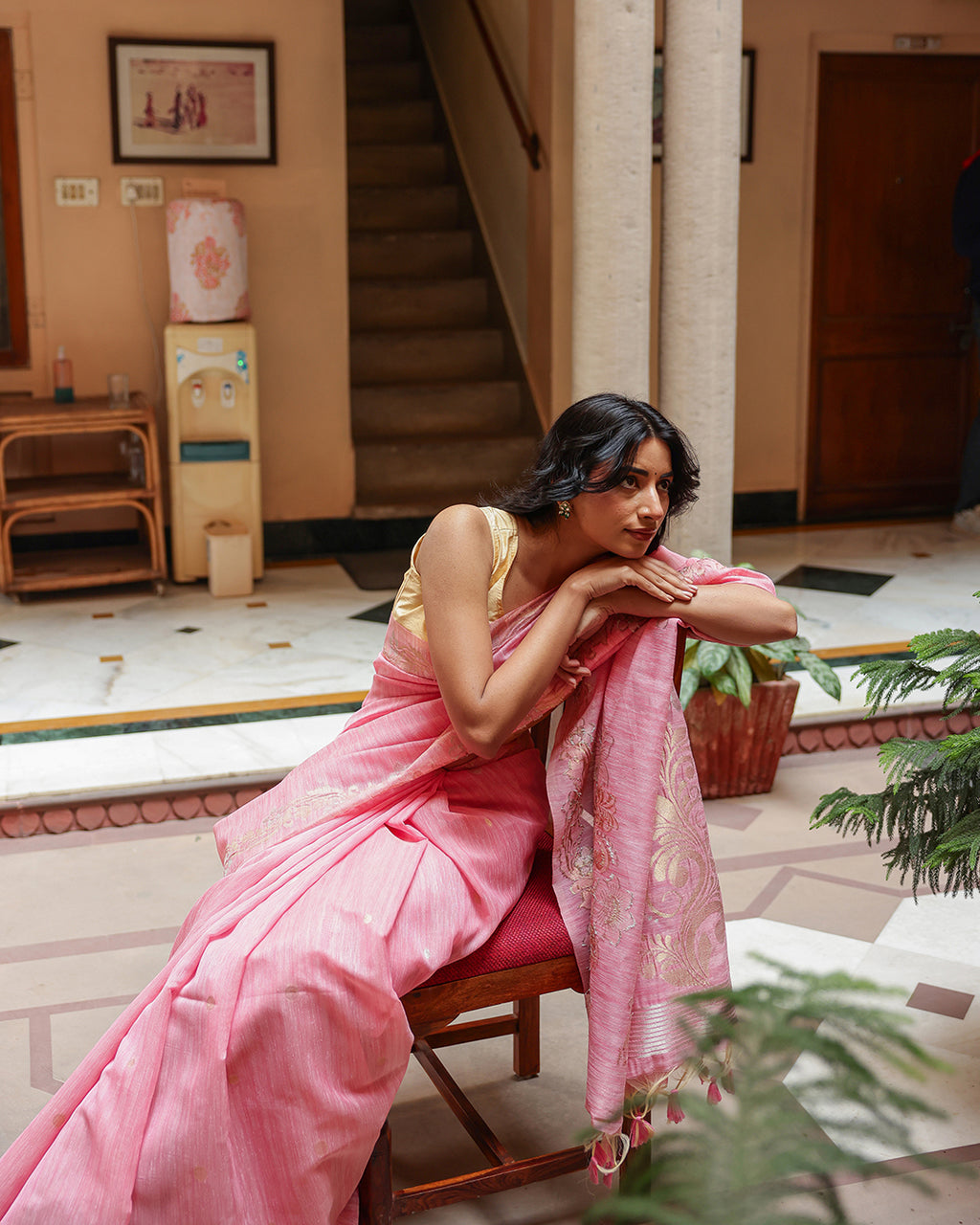 Rose Pink Silk Linen Saree with Zari Border