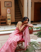 Rose Pink Silk Linen Saree with Zari Border