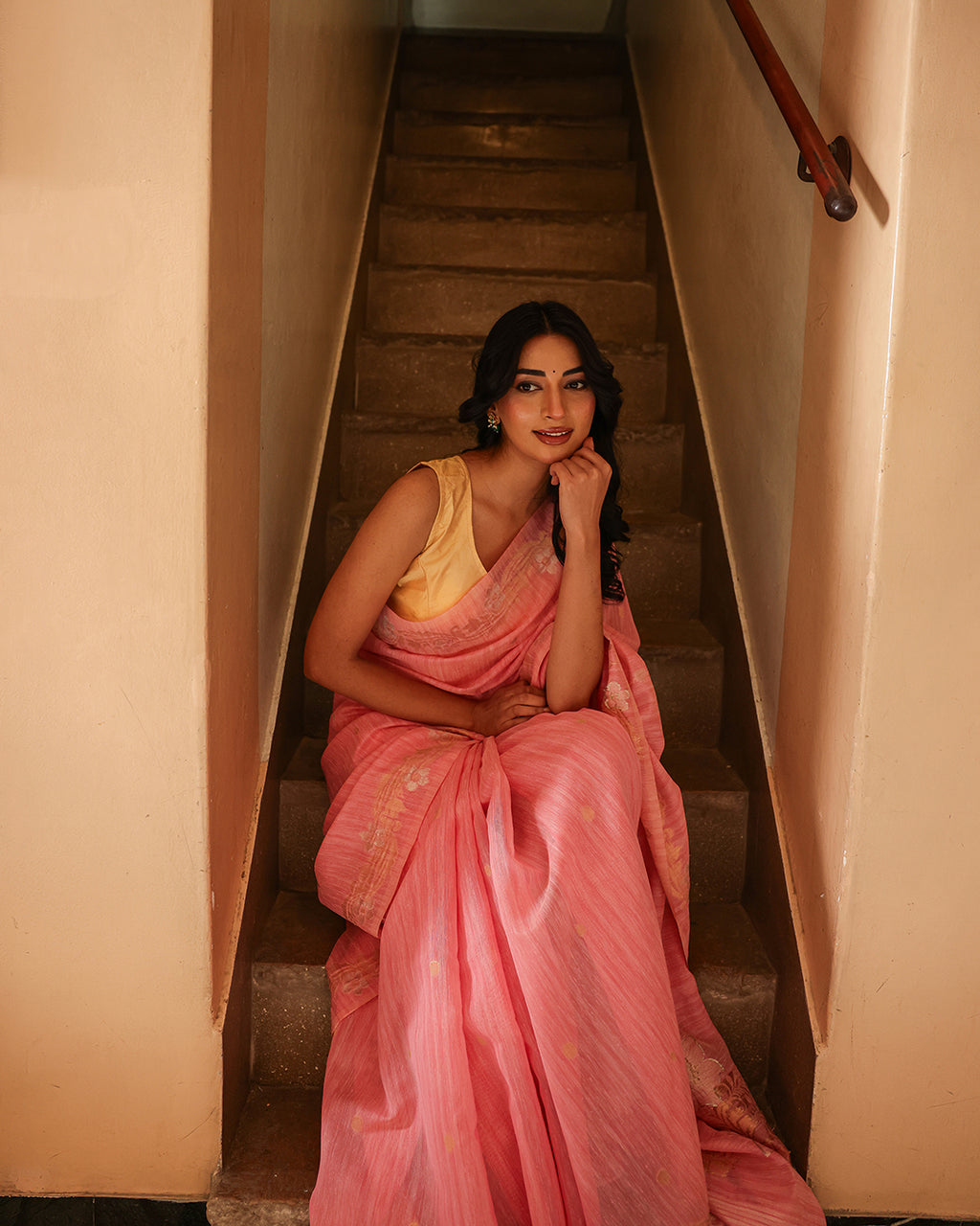 Rose Pink Silk Linen Saree with Zari Border