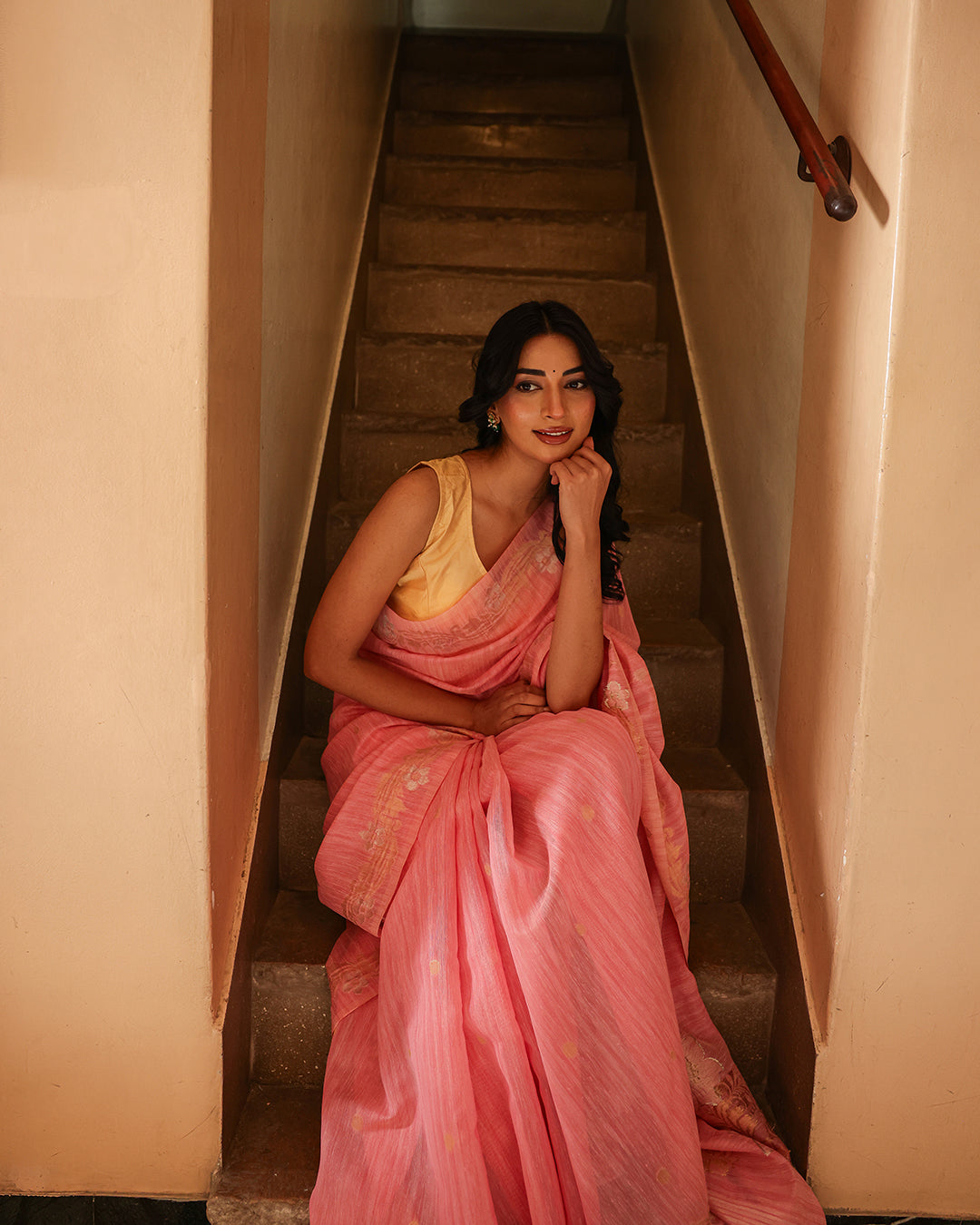 Rose Pink Silk Linen Saree with Zari Border