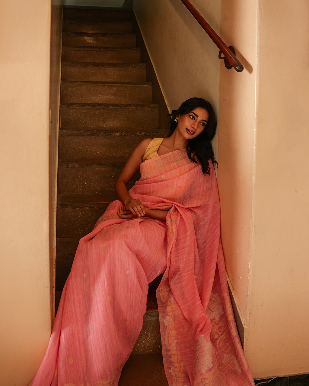Rose Pink Silk Linen Saree with Zari Border
