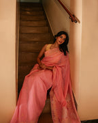 Rose Pink Silk Linen Saree with Zari Border