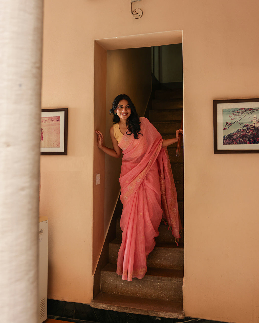 Rose Pink Silk Linen Saree with Zari Border