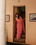 Rose Pink Silk Linen Saree with Zari Border