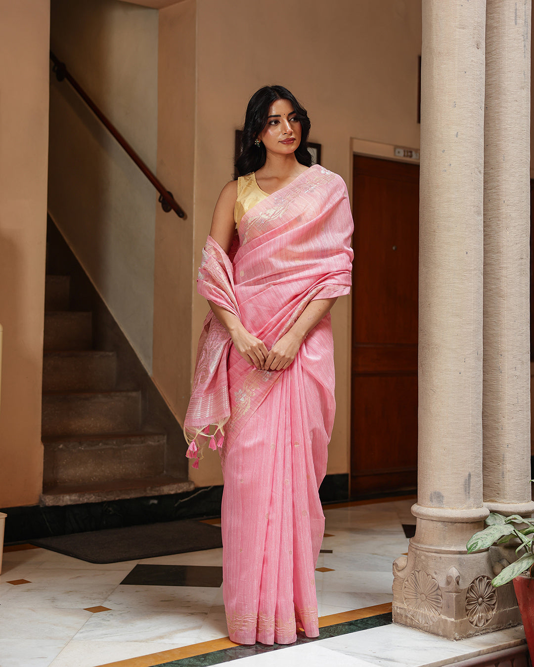 Rose Pink Silk Linen Saree with Zari Border