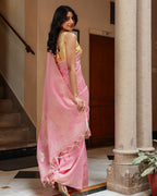 Rose Pink Silk Linen Saree with Zari Border