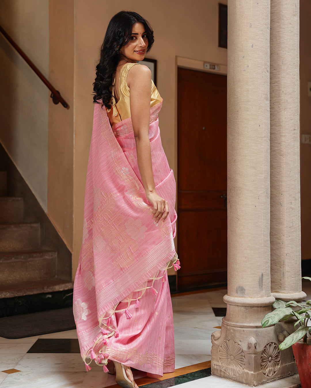 Rose Pink Silk Linen Saree with Zari Border