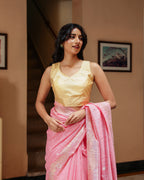 Rose Pink Silk Linen Saree with Zari Border