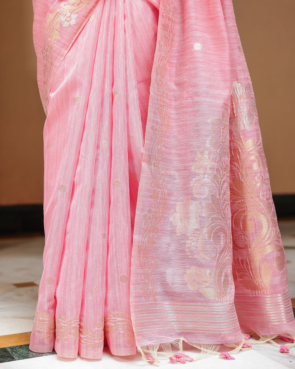 Rose Pink Silk Linen Saree with Zari Border