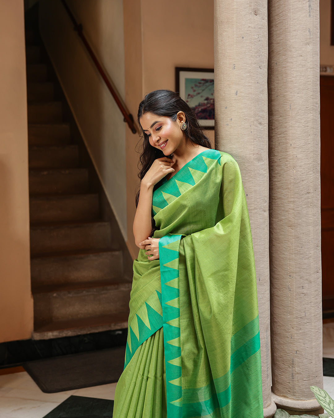 Lime Green Triangle Border Cotton Saree