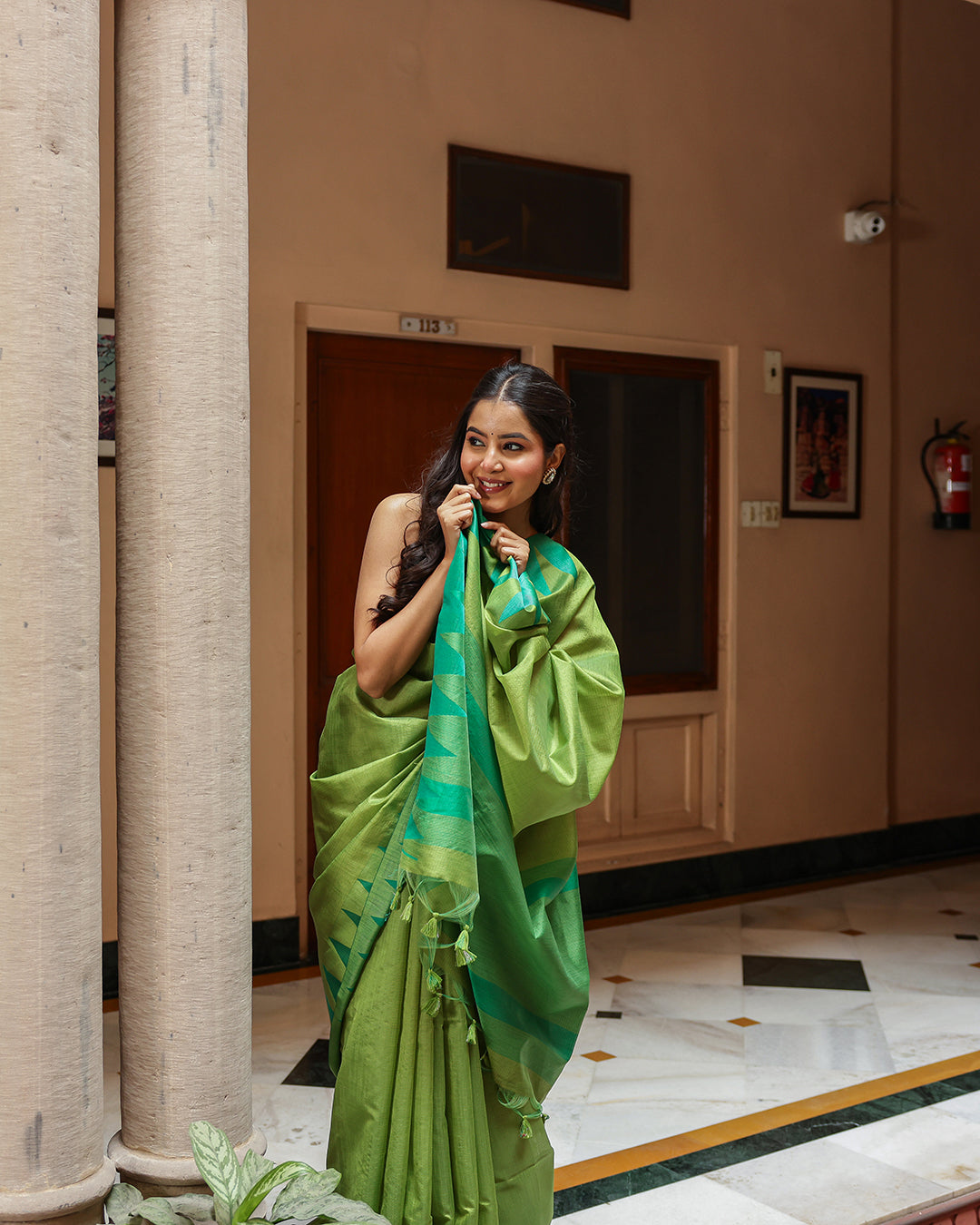 Lime Green Triangle Border Cotton Saree