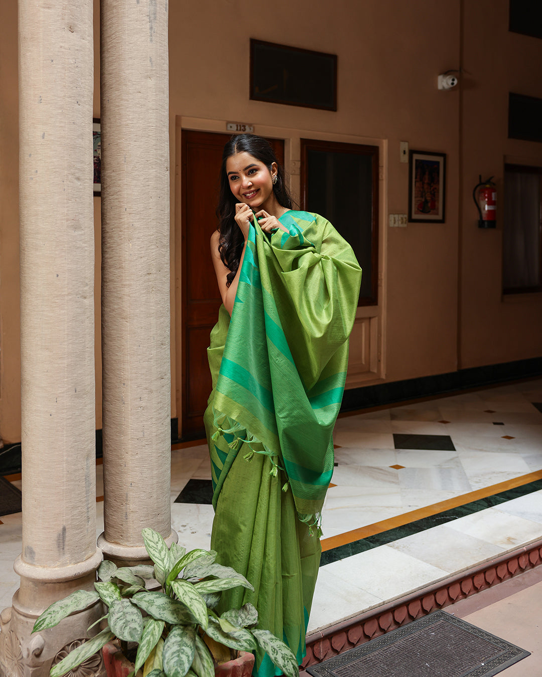 Lime Green Triangle Border Cotton Saree