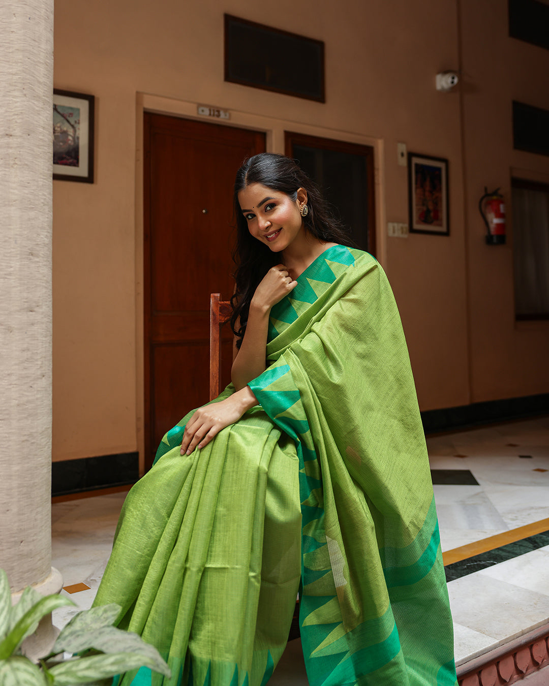 Lime Green Triangle Border Cotton Saree