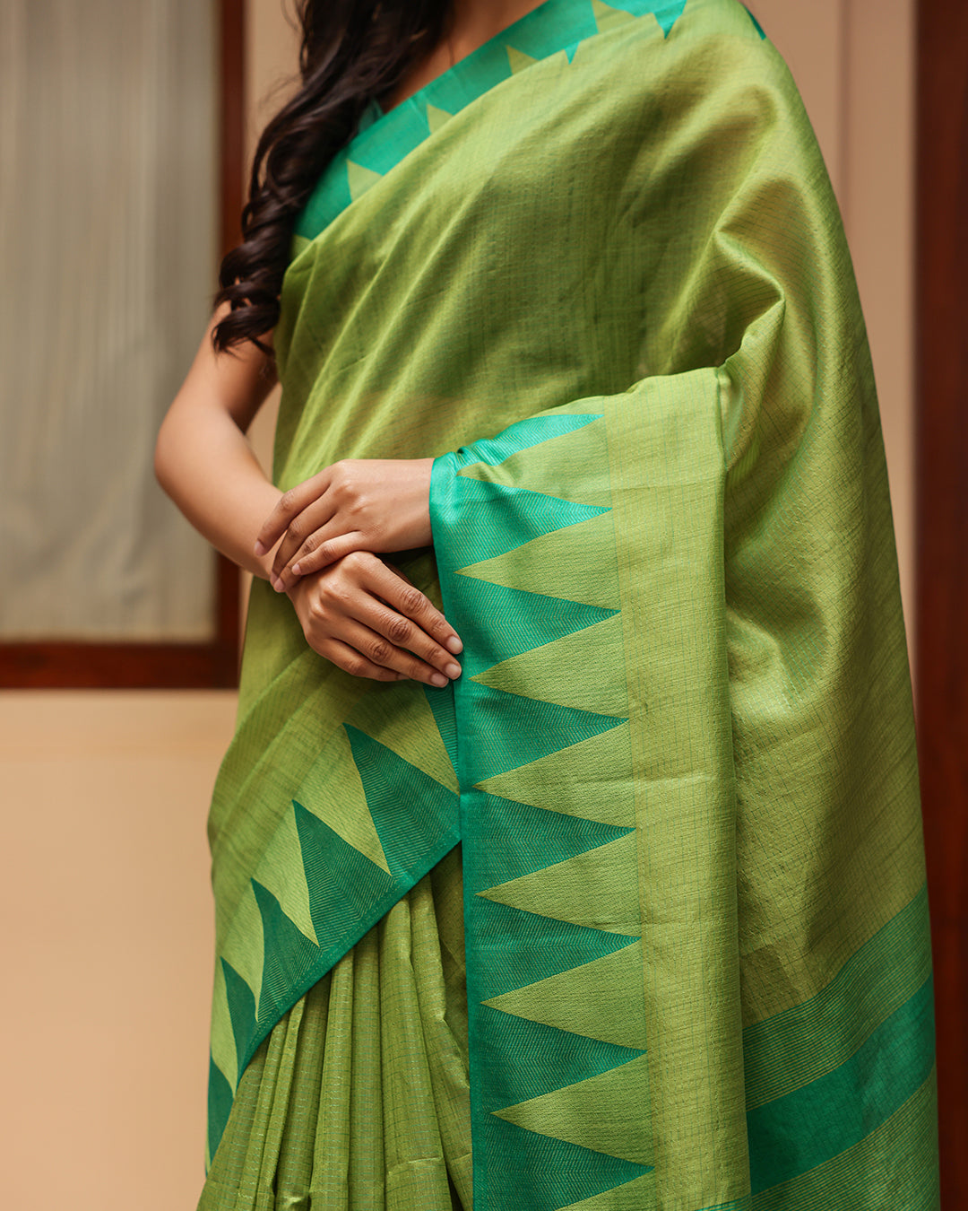 Lime Green Triangle Border Cotton Saree