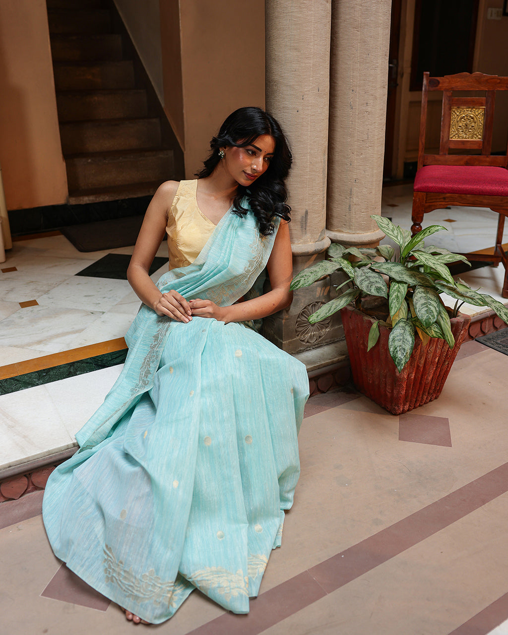 Aqua Blue Silk Linen Saree with Zari Border
