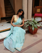 Aqua Blue Silk Linen Saree with Zari Border