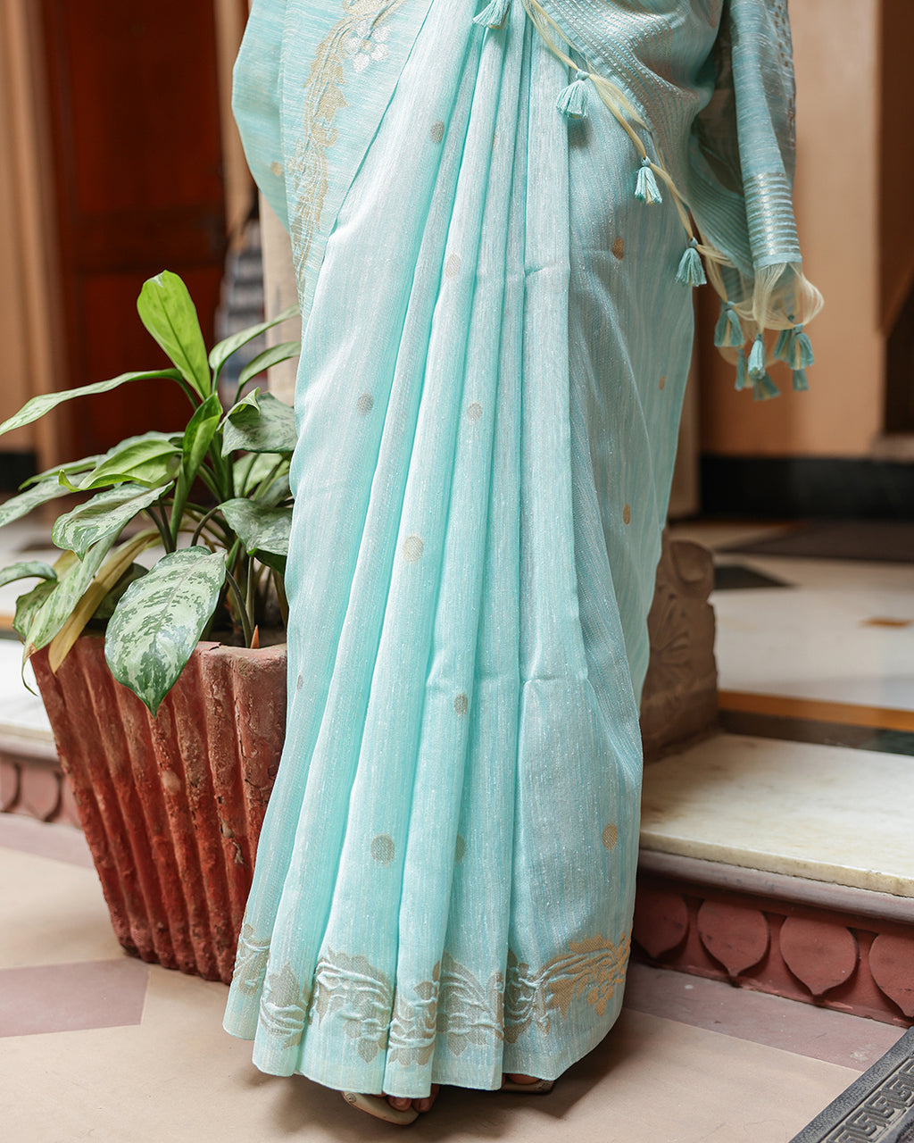 Aqua Blue Silk Linen Saree with Zari Border