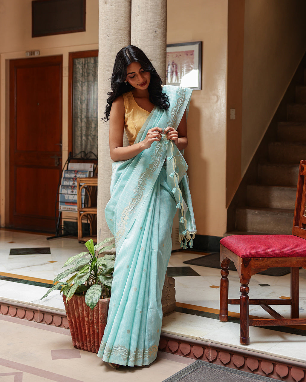 Aqua Blue Silk Linen Saree with Zari Border