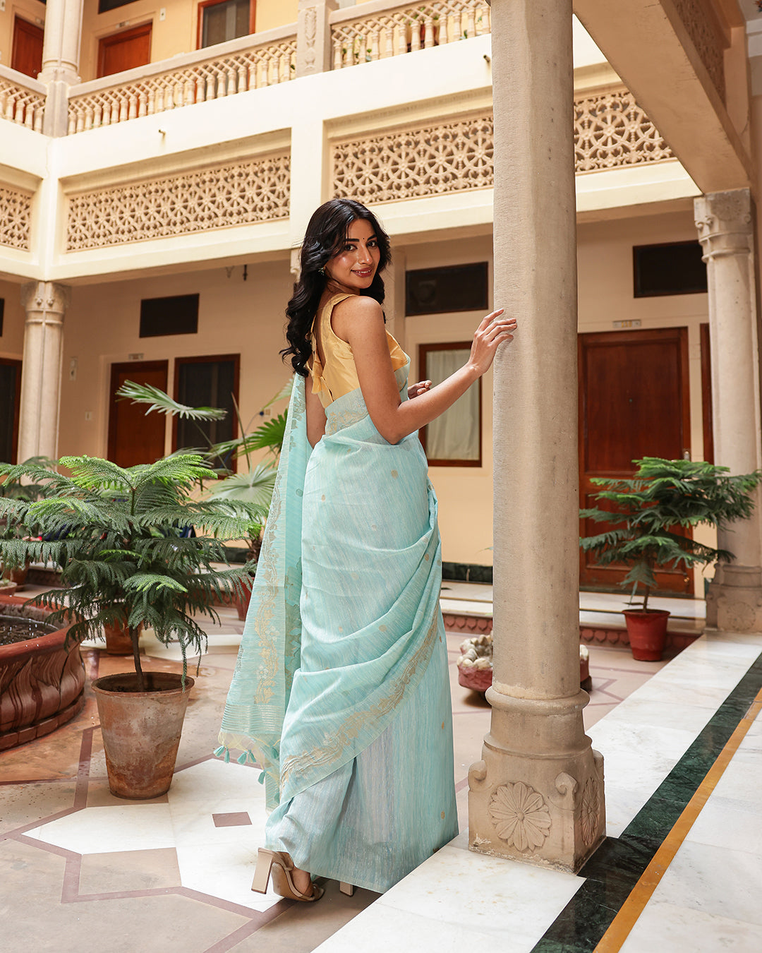 Aqua Blue Silk Linen Saree with Zari Border