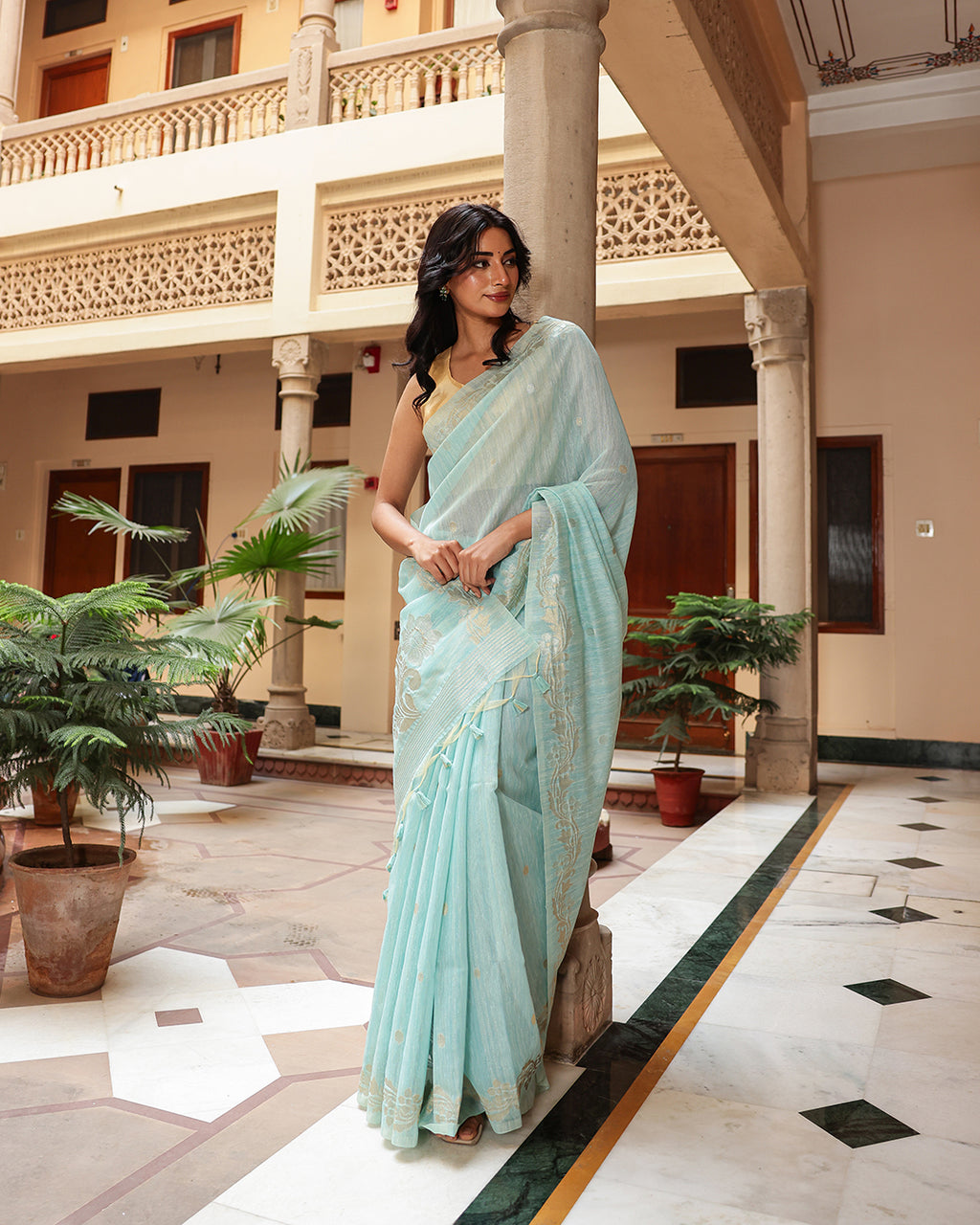 Aqua Blue Silk Linen Saree with Zari Border