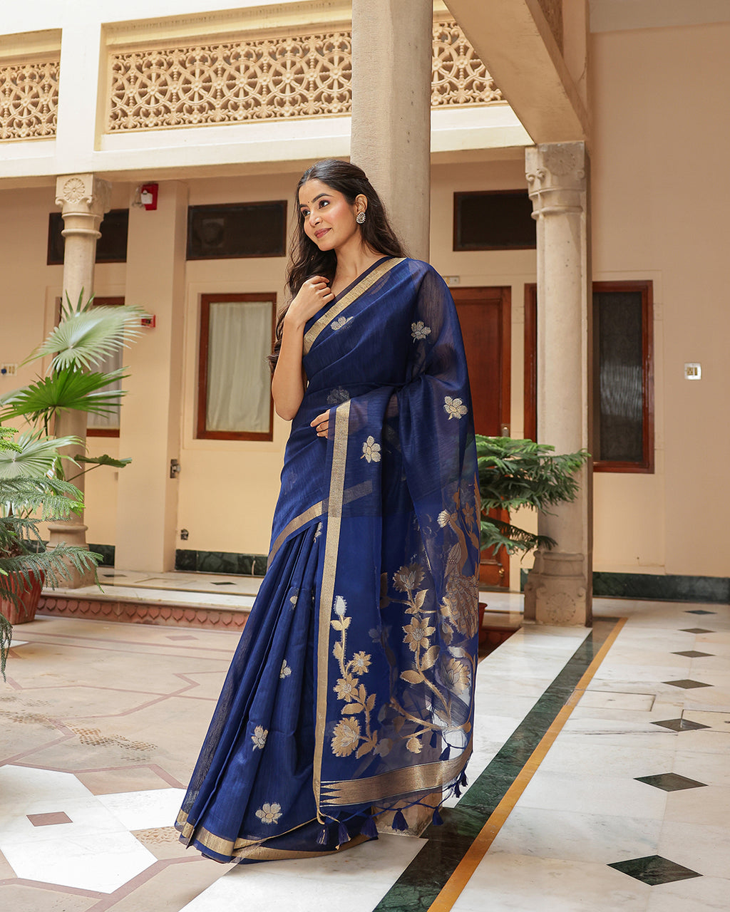 Royal Blue Peacock Motif Silk Linen Saree